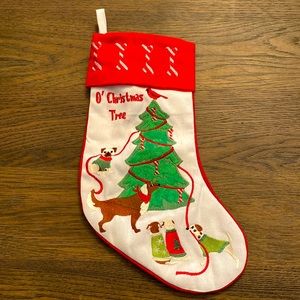 O’ Christmas Tree with dogs stocking. Hand stitched. Has a burlap feel to it.